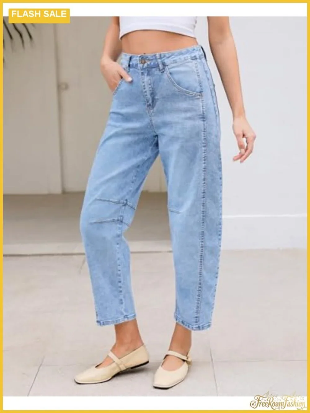 High Waisted Cropped Wide Leg Barrel Jeans Distressed Stretchy Denim